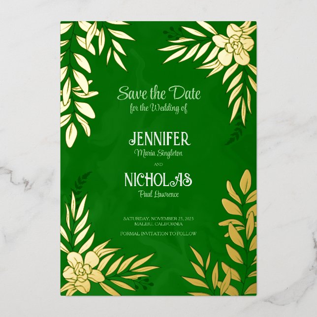 Elegante Blume und Blätter für Hochzeiten Folieneinladung (Vorderseite)