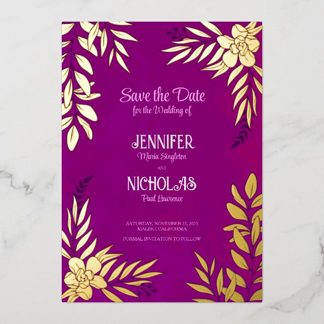Elegante Blume und Blätter für Hochzeiten Folieneinladung (Vorderseite)