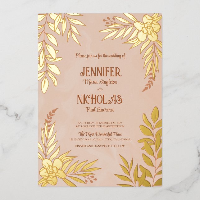 Elegante Blume und Blätter für Hochzeiten Folieneinladung (Vorderseite)