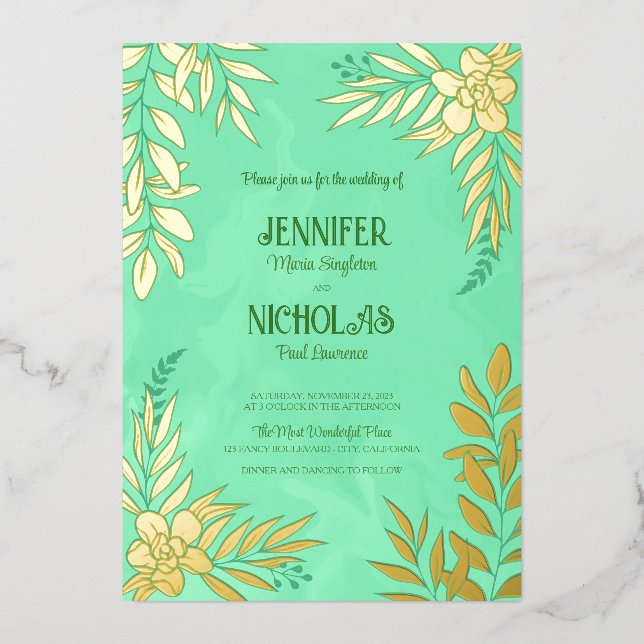 Elegante Blume und Blätter für Hochzeiten Folieneinladung (Vorderseite)