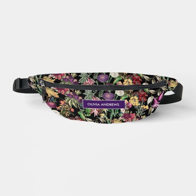 Elegante Blume und Blätter schwarz blumengeschmück Bauchtasche (Vorderseite)