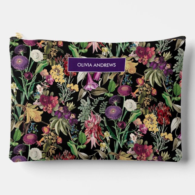 Elegante Blume und Blätter schwarz blumengeschmück Zubehörtasche (Vorderseite)
