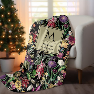 Elegante Blume und Blätter, schwarz Fleecedecke