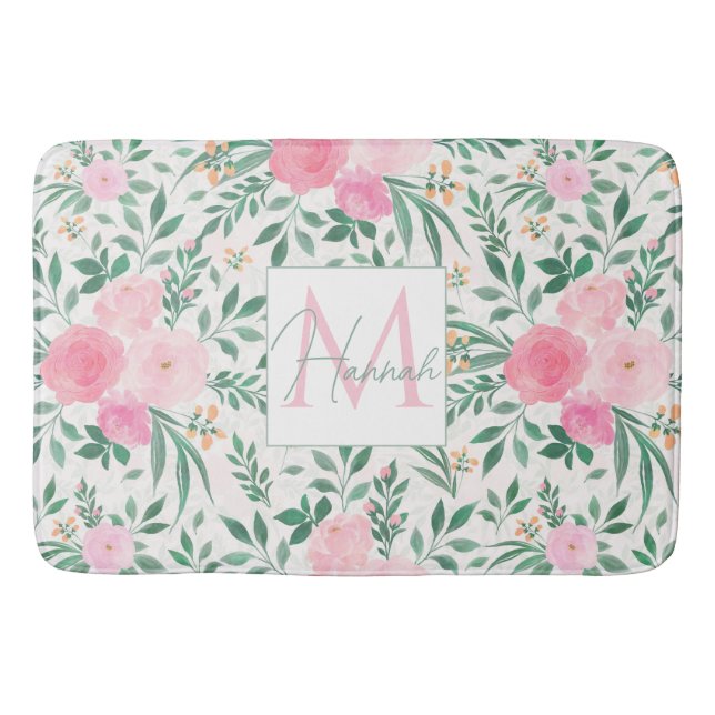 Elegante Blume Weiß Rosa Wasserfarben Badematte (Vorderseite)