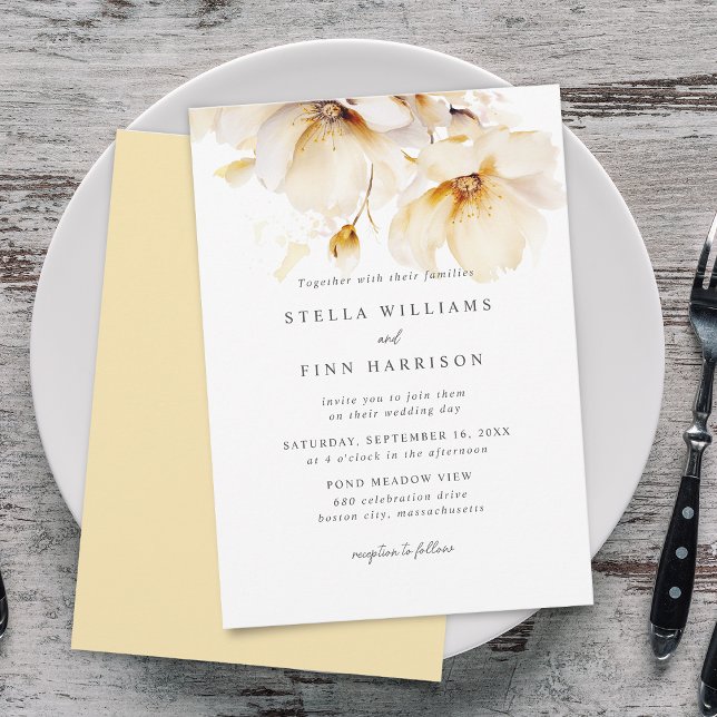 Elegante Blume Weißgelbe Hochzeit Einladung (Elegant Flowers White Yellow Gold Wedding Invitation)