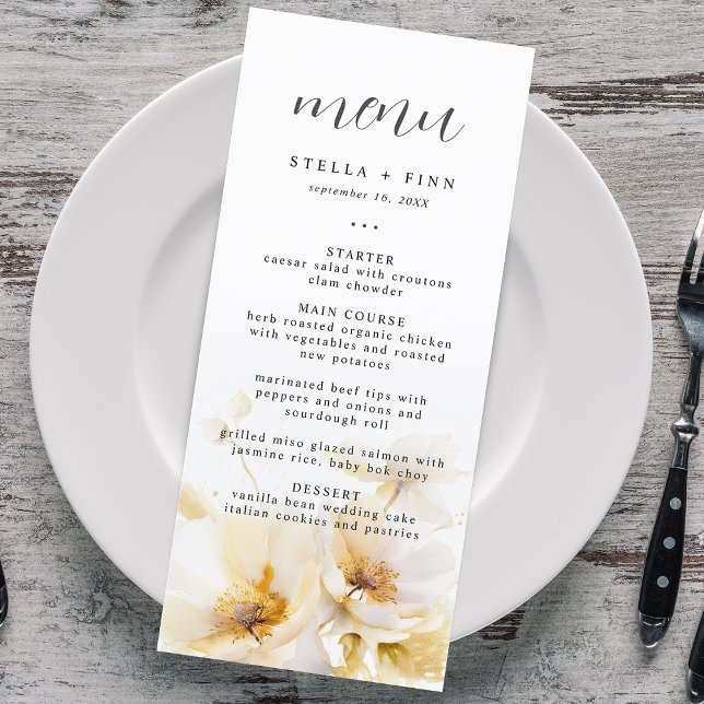Elegante Blume White Gold Hochzeit Menükarte (Elegant Flower White Gold Wedding Menu)