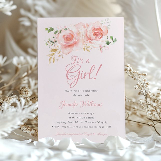 Elegante Blumen-Baby-Dusche - Rosa und Gold Einladung (Von Creator hochgeladen)