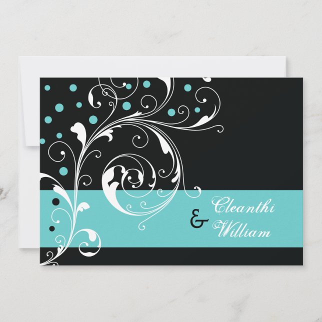 Elegante Blumen Blätter schwarz, Aqua Hochzeit Einladung (Vorderseite)