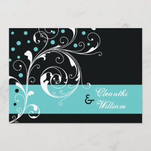 Elegante Blumen Blätter schwarz, Aqua Hochzeit Einladung