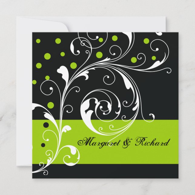 Elegante Blumen Blätter schwarz, grüne Hochzeit Einladung (Vorderseite)
