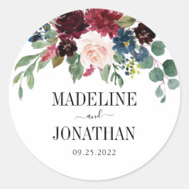 Elegante Blumen Burgund Navy Blue Wedding Runder Aufkleber