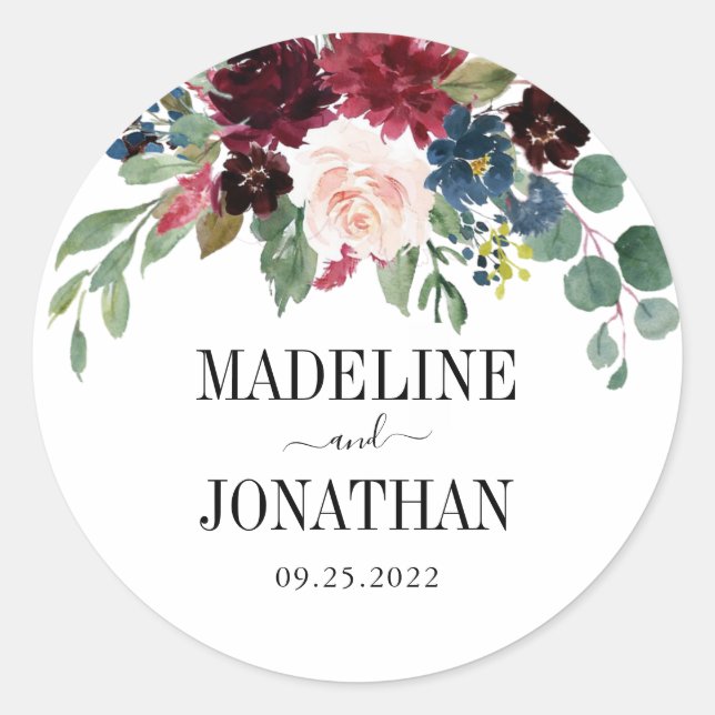 Elegante Blumen Burgund Navy Blue Wedding Runder Aufkleber (Vorderseite)
