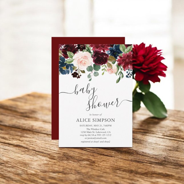 Elegante Blumen Burgund und Blue Baby Dusche Einladung (Von Creator hochgeladen)