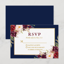 Elegante Blumen Burgundy Blue Gold Wedding RSVP Karte