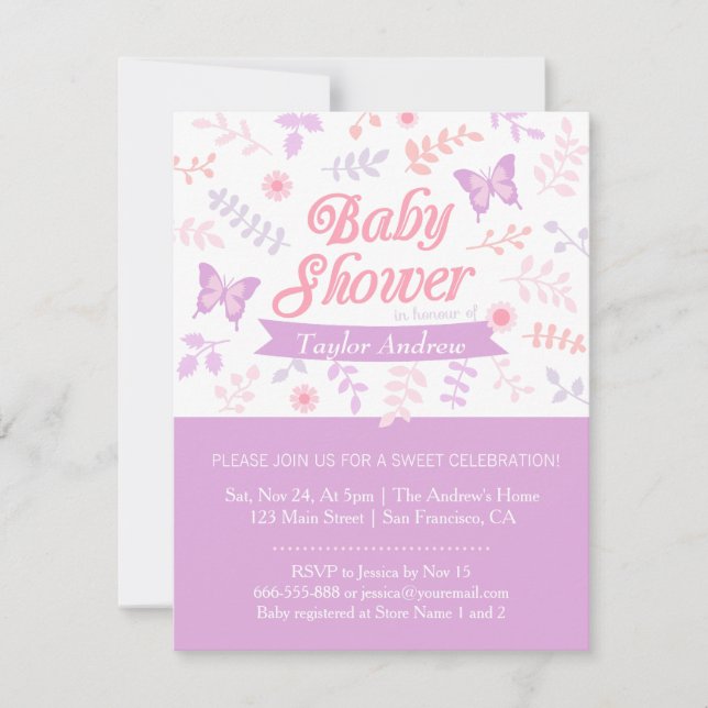 Elegante Blumen Butterfly Baby Shower Einladungen (Vorderseite)