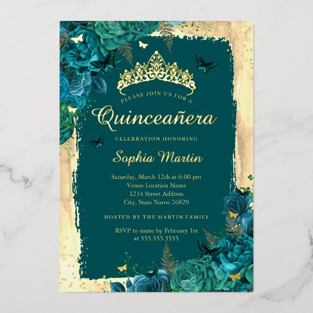 Elegante Blumen Butterfly Gold Aquamarin Quinceane Folieneinladung (Vorderseite)