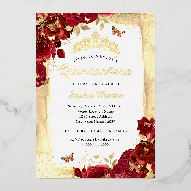 Elegante Blumen Butterfly Gold Red Quinceanera Folieneinladung (Vorderseite)
