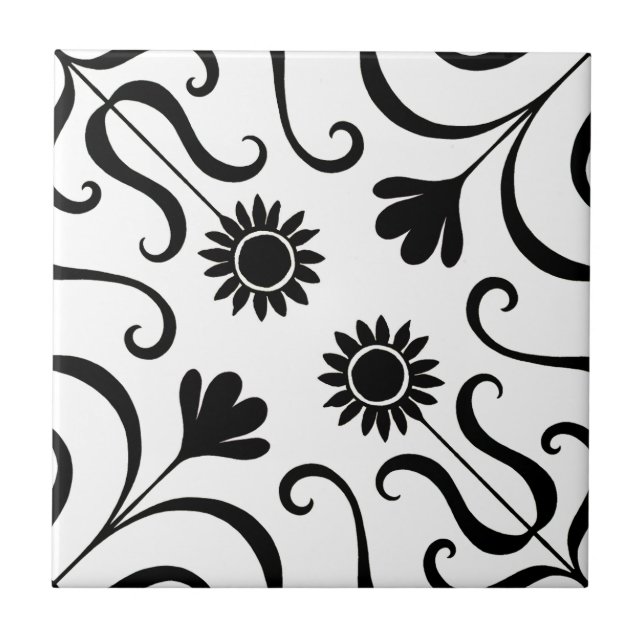 Elegante Blumen Damask Schwarze und weiße Sonnenbl Fliese (Vorderseite)