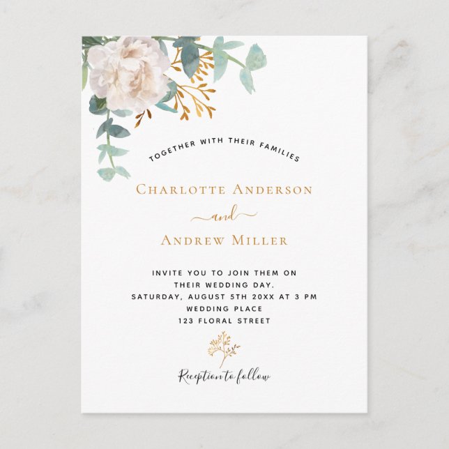 Elegante Blumen Eukalyptus-Grün Moderne Hochzeit Postkarte (Vorderseite)
