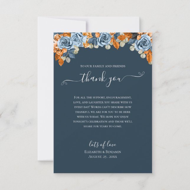 Elegante Blumen Fall Navy Blauer Rost Hochzeit Boh Dankeskarte (Vorderseite)