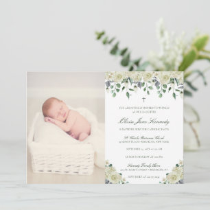 Elegante Blumen & Foto Katholische Taufe Einladung