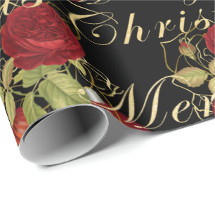 Elegante Blumen Frohe Weihnachten Goldglitter Schw Geschenkpapier