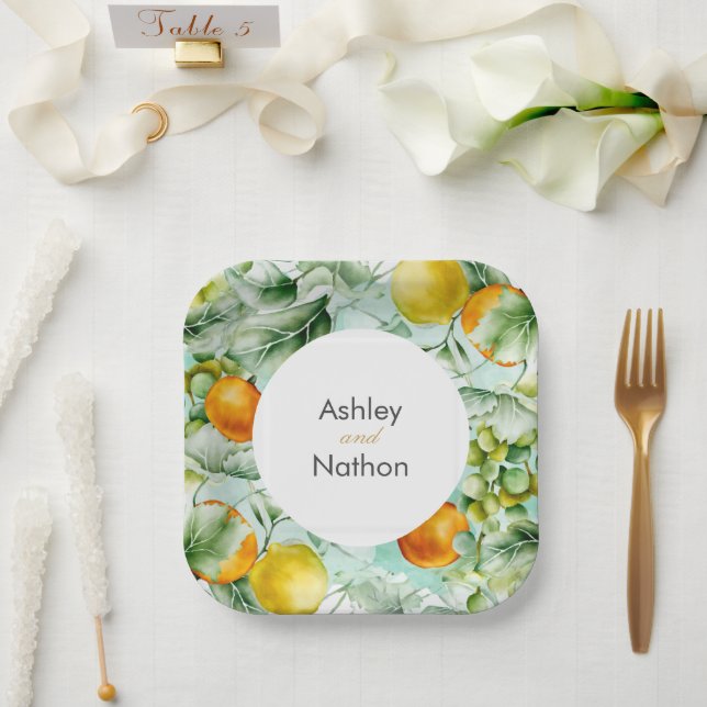 Elegante Blumen & Früchte Wasserfarben Hochzeit im Pappteller (Hochzeit)