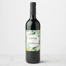 Elegante Blumen & Früchte Wasserfarben Hochzeit im Weinetikett