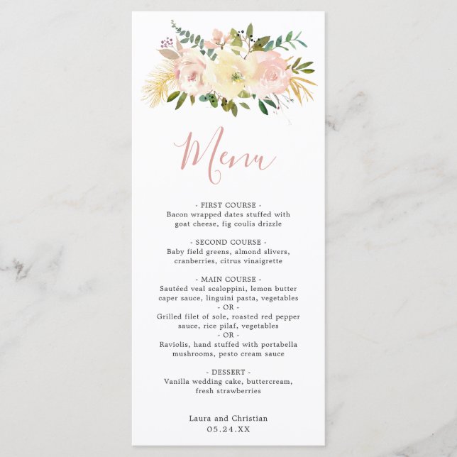 Elegante Blumen Gold Dusty Rose Blush Pink Wedding Menükarte (Vorderseite)