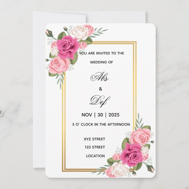 Elegante Blumen-Gold-Rahmen Hochzeitseinladung Einladung (Vorderseite)