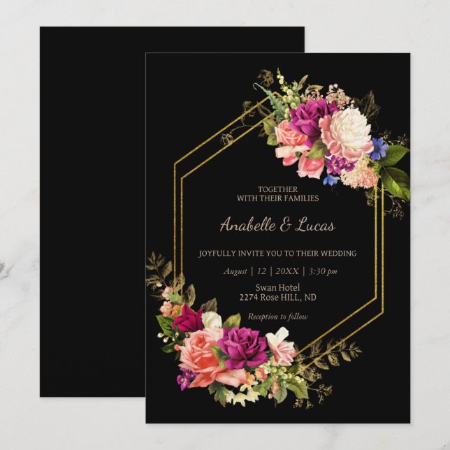 Elegante Blumen goldene Rahmen Hochzeit Einladung (Vorne/Hinten)