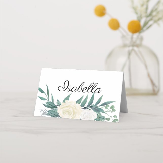 Elegante Blumen Grün Weiss Platzkarte (Vorderseite)