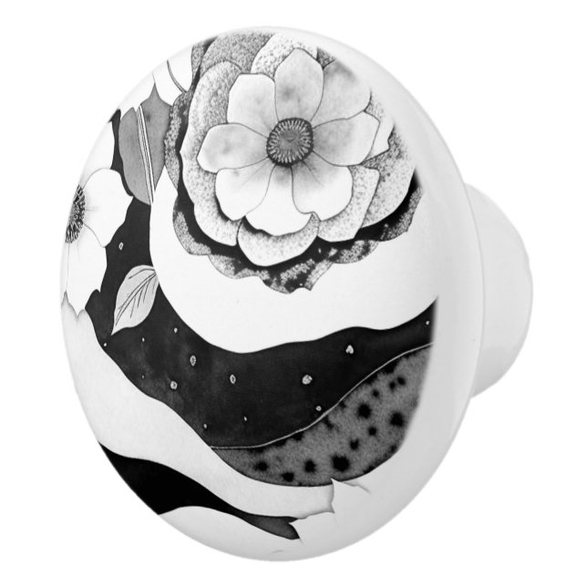 Elegante Blumen in Schwarz und Weiß Keramikknauf (Rechts)