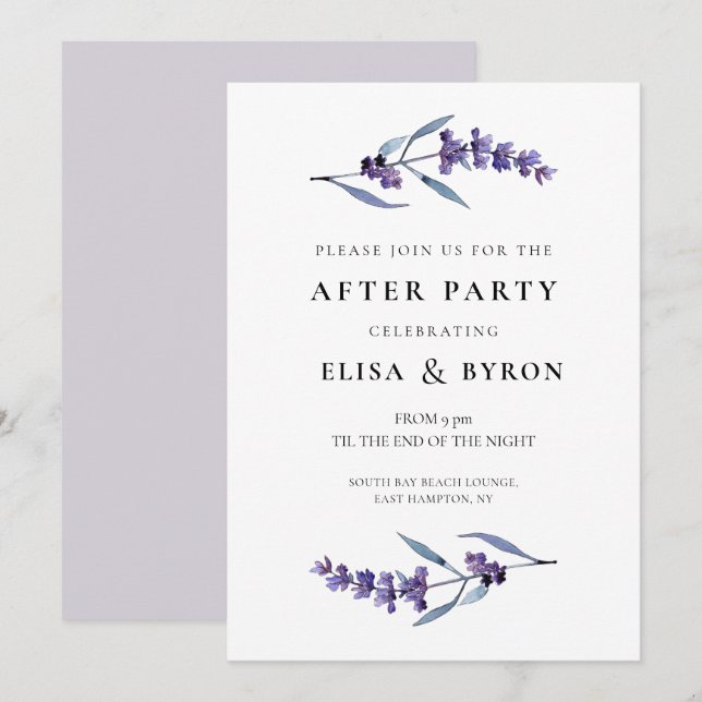 Elegante Blumen-Lavendel Hochzeit nach dem Party Einladung (Vorne/Hinten)