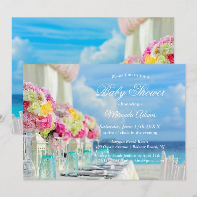 Elegante Blumen Ocean Beach Baby Dusche Einladung (Vorne/Hinten)