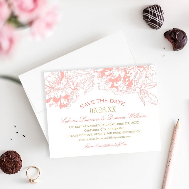 Elegante Blumen Peony Wedding Coral und Gold Save The Date (Von Creator hochgeladen)