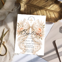 Elegante Blumen-Schleife und Perlen-Tauf-Einladung