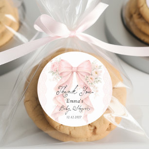 Elegante Blumen-Schleife Vintage-Baby-Shower-Danke Runder Aufkleber