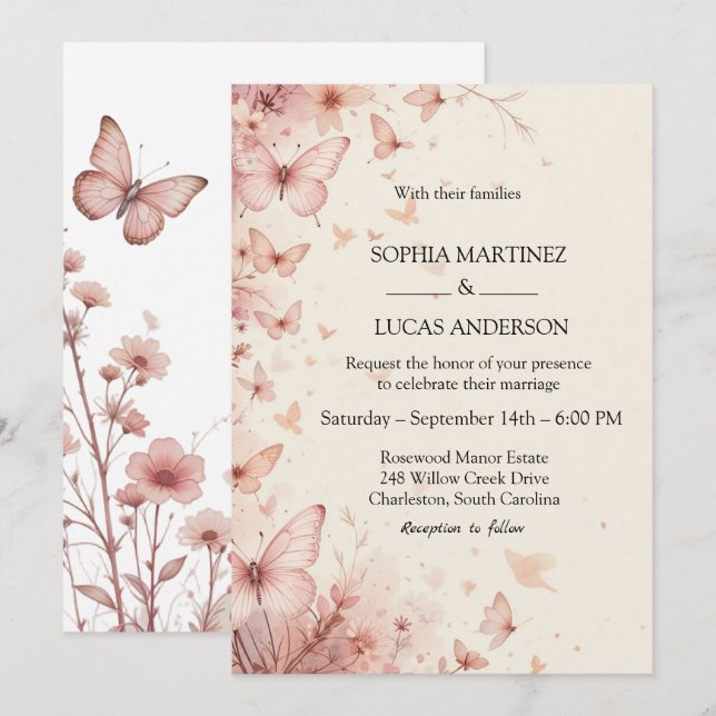 Elegante Blumen-Schmetterling-Hochzeit Einladung (Vorne/Hinten)