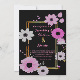 Elegante Blumen Schwarz-Rosa Hochzeit Einladung