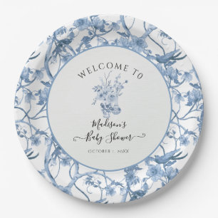 Elegante Blumen Toile Blue und White Baby Dusche Pappteller
