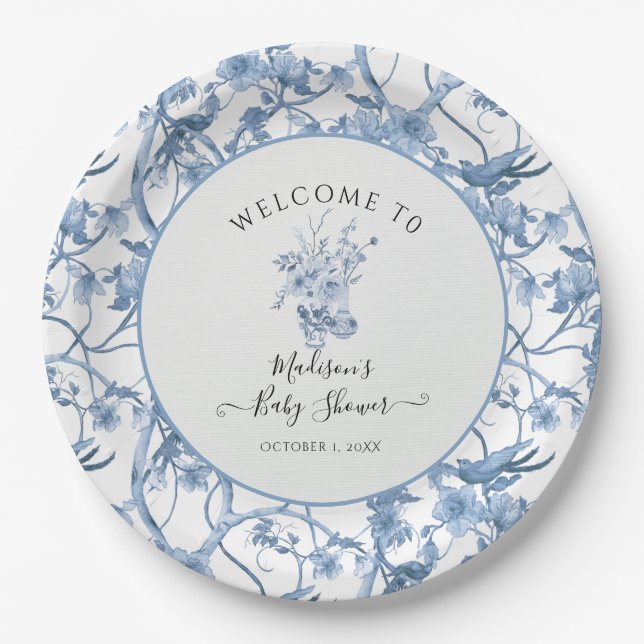 Elegante Blumen Toile Blue und White Baby Dusche Pappteller (Vorderseite)