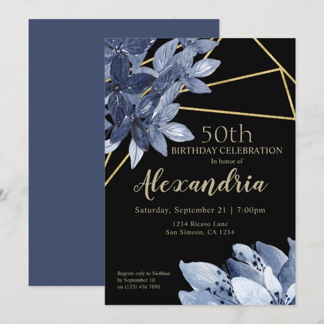 Elegante Blumen und Gold Geburtstagsparty Einladung (Vorne/Hinten)