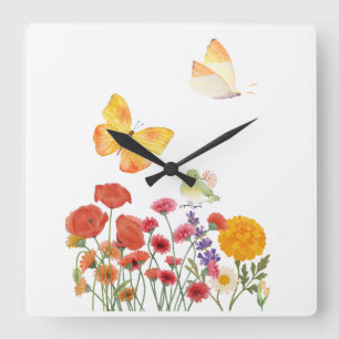 Elegante Blumen- und Schmetterlings-Wanduhr – Schö Quadratische Wanduhr