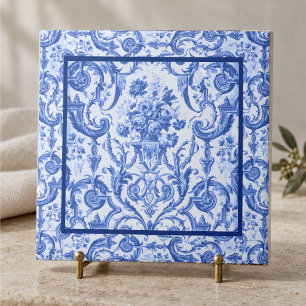 Elegante Blumen-Vase Blaue Toile de Jouy Monogramm Fliese