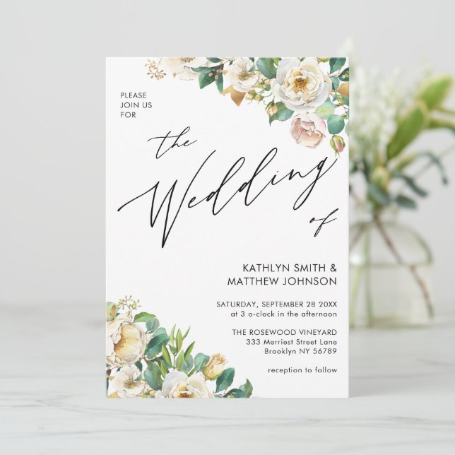 Elegante Blumen-Vegetation auf einer Hochzeit Einladung (Stehend Vorderseite)