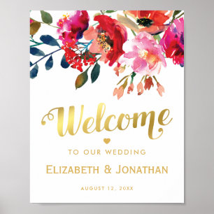 Elegante Blumen White Gold Begrüßung Poster