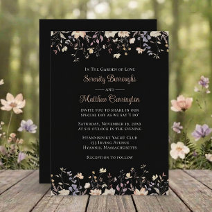Elegante Blumen-Wildblumen Schwarze Boho-Hochzeit Einladung
