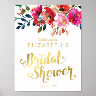 Elegante Blumenaquarell-Hochzeitsdusche in Weißgol Poster
