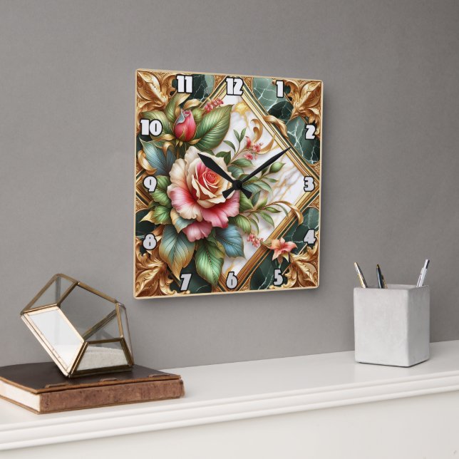 Elegante Blumenarrangements mit Rose und Blätter Quadratische Wanduhr (Büro)